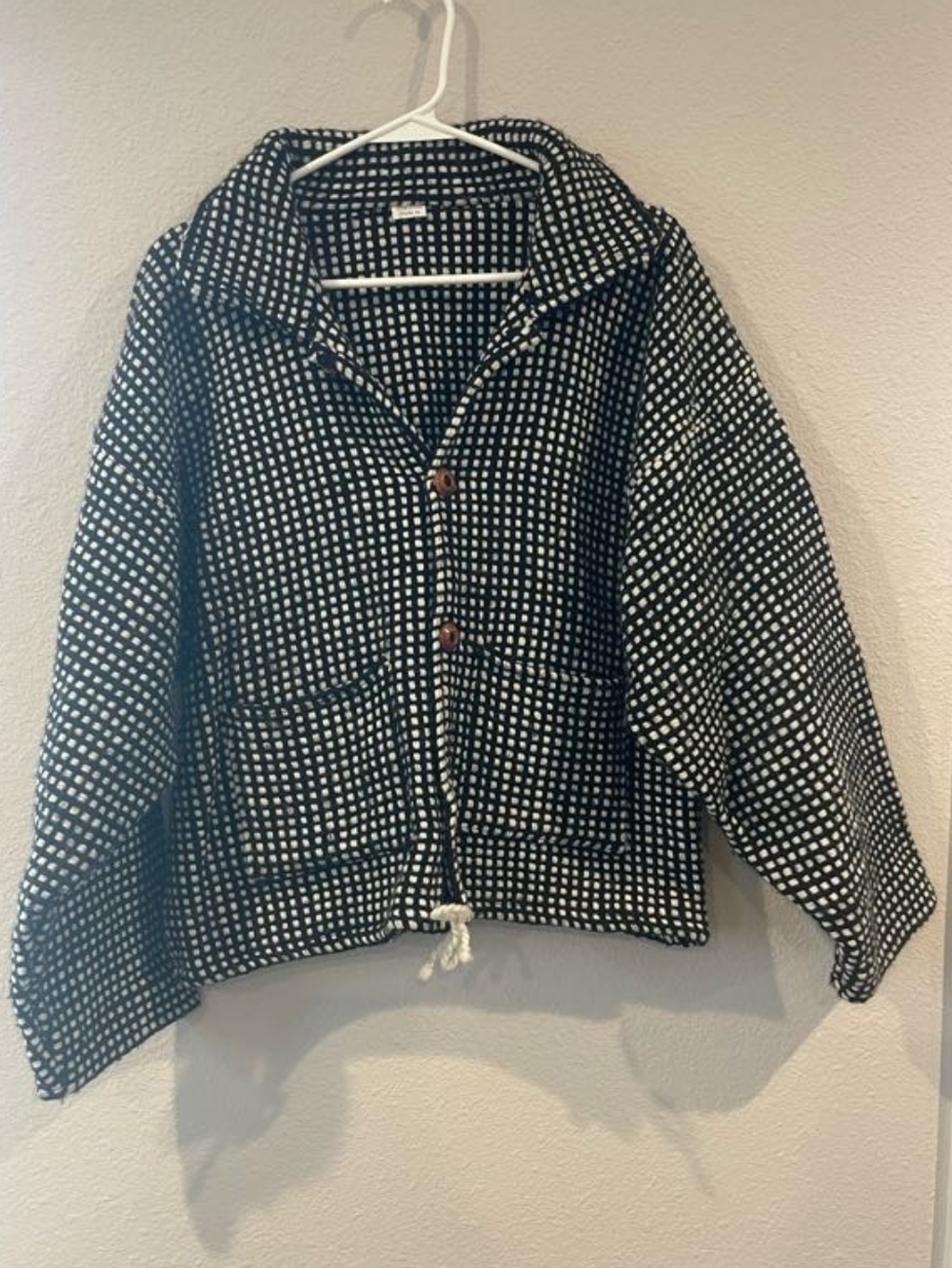 Womens 100% Wool Classic Black White Checkered Button Up Sweater Jacket Size XL
